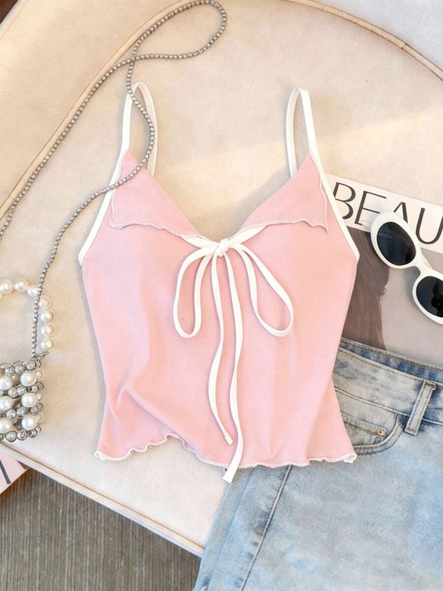 SHEIN LUNE 女士蝴蝶结荷叶边吊带背心,优雅修身 - 粉色 - 查看 1