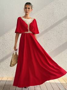 SHEIN Franclia Đầm chữ A tay ngắn, cổ tròn, phối màu tương phản, xếp nếp, thắt eo, thời trang và thanh lịch dành cho nữ. - Đỏ - Xem 6