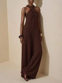 2026春夏新款休闲度假/通勤宽松芥末黄条纹露肩阔腿长款连体裤。适合约会、情人节、日常穿着、休闲场合、派对、聚会、婚礼、度假、机场穿搭、早午餐、通勤、下午茶、西式、休闲、婚礼宾客等场合。 - 棕色 - 查看 5