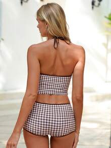 Swim Mod Bộ đồ đi biển mùa hè dành cho nữ gồm 2 món, áo croptop buộc dây cổ và quần bikini tankini kiểu hipster in họa tiết kẻ caro ngẫu nhiên. - Cà phê nâu - Xem 2