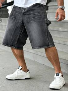 Manfinity EMRG Men's Solid Color Slant Pocket Casual Loose Wide Leg Denim Shorts - Grey - View 4
