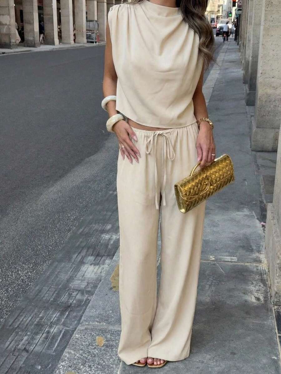 Aloruh 女士休闲优雅杏色无袖阔腿裤套装/夏季两件套/度假套装/通勤套装 - 杏色 - 查看 1