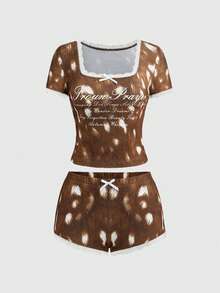 ROMWE Kawaii Bộ 2 chiếc áo bó ren họa tiết hươu gợi cảm và quần short mini cạp siêu thấp - màu nâu - Xem 1
