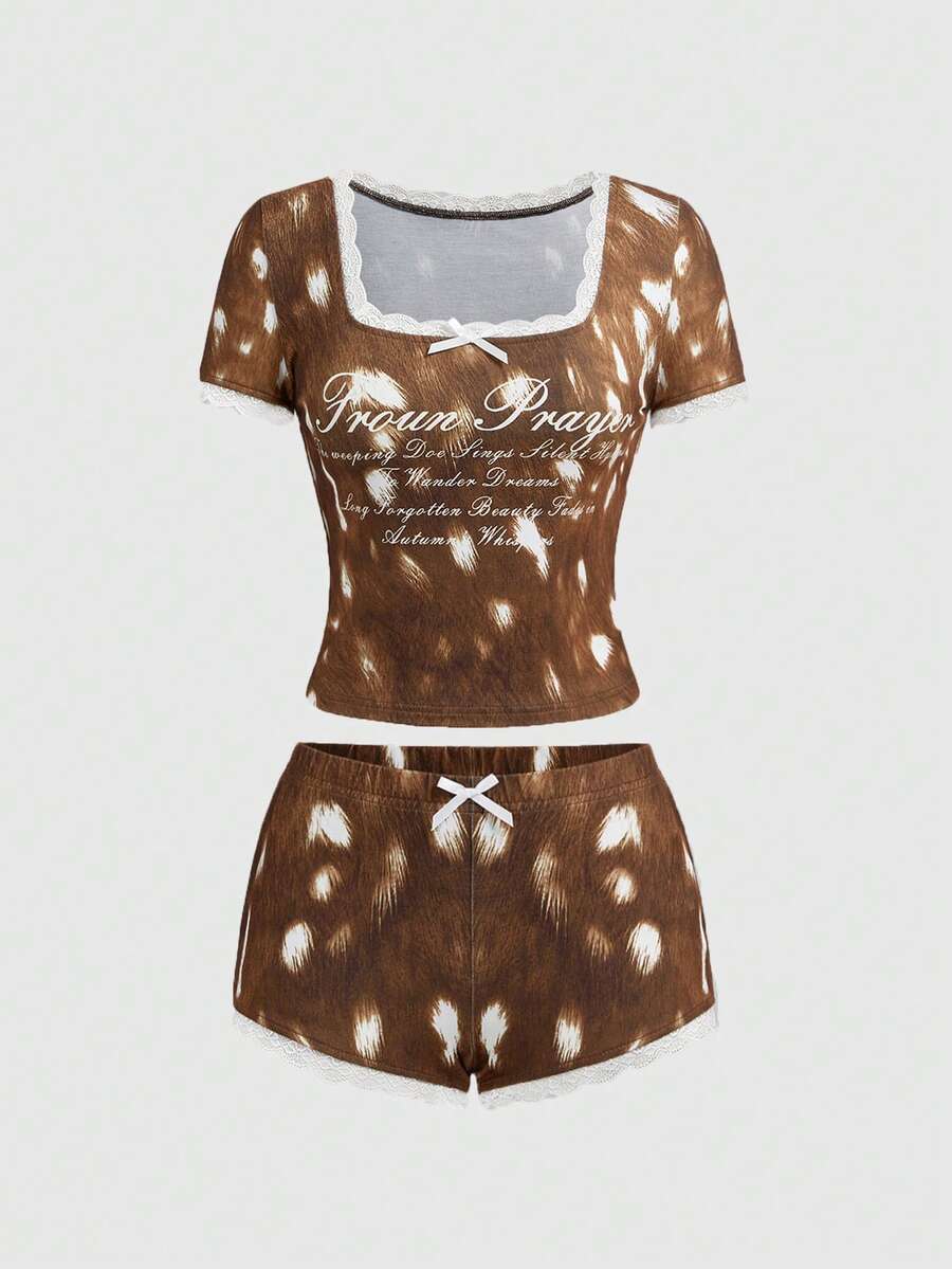 ROMWE Kawaii Bộ 2 chiếc áo bó ren họa tiết hươu gợi cảm và quần short mini cạp siêu thấp - màu nâu - Xem 1