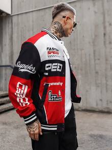 Artur Kramer Áo khoác bóng chày dệt in chữ cho nam, áo khoác bóng chày thiết kế dài tay đi chơi, phiên bản đường phố, cho mùa thu, mùa đông, phong cách Grunge, đồ đôi - Đỏ - Xem 3