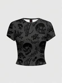 Grunge Punk 朋克荆棘音乐节玫瑰花和可爱校园图案印花加大码女式T恤 - 黑色 - 查看 5