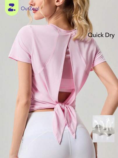 OutZeal 女士运动粉色T恤健身房锻炼服短袖后背蝴蝶结运动上衣