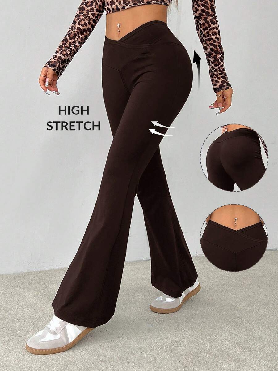 SHEIN PETITE Quần ống loe cạp cao màu trơn đơn giản - màu nâu - Xem 1