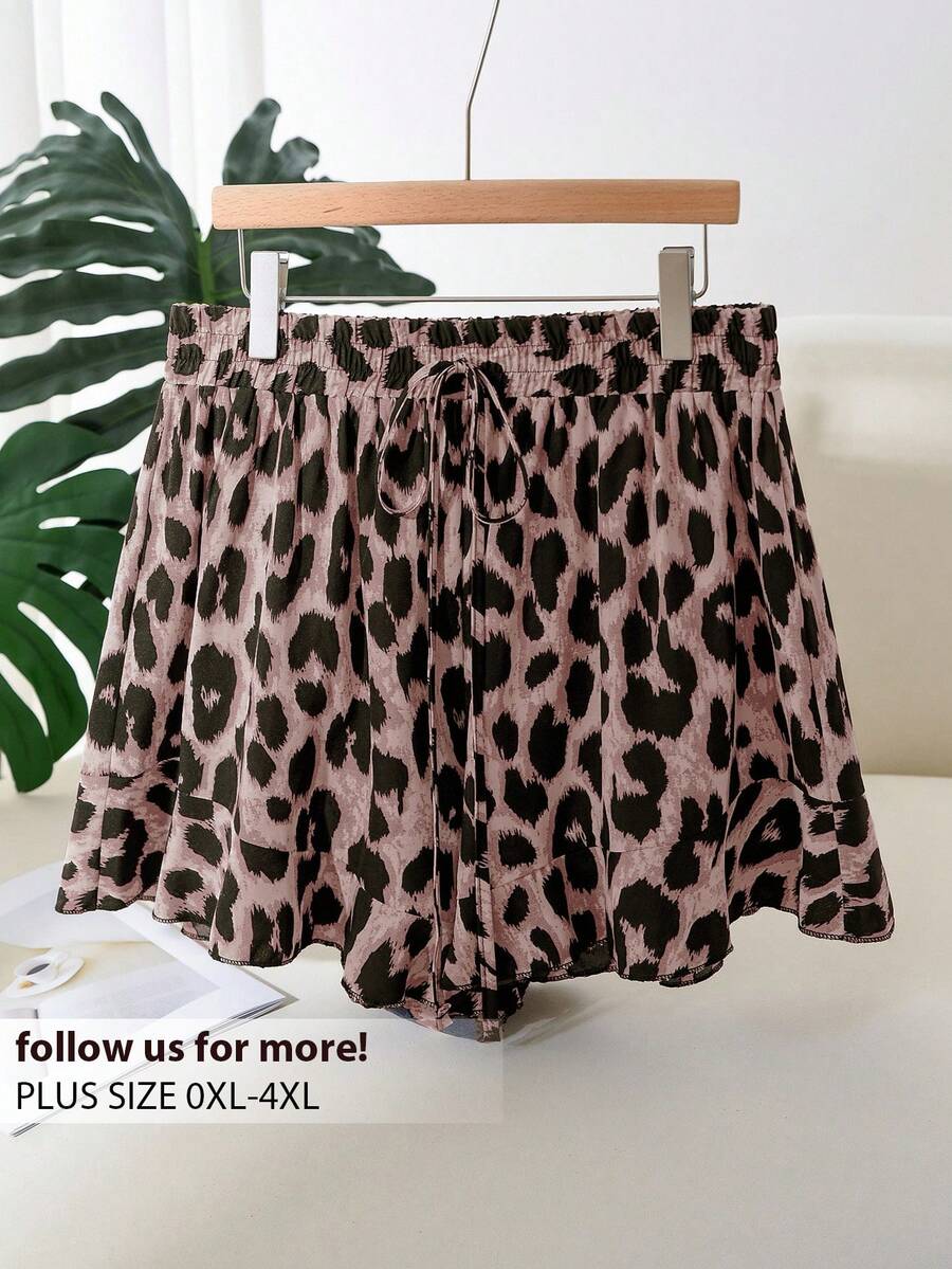 CosyJoli Plus Size Women Casual Leopard Print A-Line Ruffle Hem Shorts - Multicolor - View 1