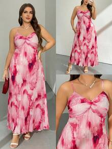 Firerie 大码夏季舒适优雅度假沙滩浪漫约会吊带扭结前襟宽松A字褶皱扎染随机印花连衣裙 - 玫紅色 - 查看 8