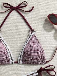 Swim Mod Bộ bikini nữ mùa hè kiểu dáng mới, họa tiết in, cúp ngực tam giác, dây buộc cổ và ren tương phản, thích hợp cho kỳ nghỉ biển. - Nhiều màu - Xem 4