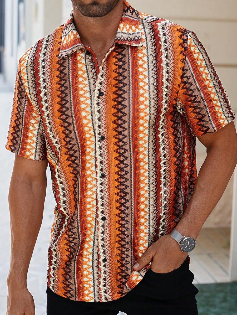 ResortEase Plus Size Men's Burnt Orange Striped Geometric Pattern Short Sleeve Button Up Shirt,Boho Vintage Print Casual Loose Summer Holiday Beach Shirt - Multicolor - View 1