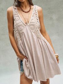 Bohemela Casual Boho Crochet White Knit V-Neck Sleeveless Mini Dress For Women Resort Dresses For Women Holiday Holiday Vacation Summer - Apricot - View 3