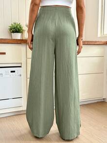 SHEIN Maternity Solid Color Adjustable Waist Pocket Casual Versatile Loose Pants For Daily Wear - Green - View 2