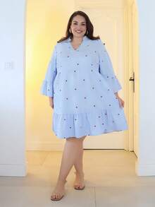 Pretty and Ole Vestido corto romántico para playa con estampado de corazón, de talla grande, con cuello en V, mangas abullonadas y cintura acampanada, en rayas azules y blancas, para el Día de San Valentín - Azul y blanco - Ver 6