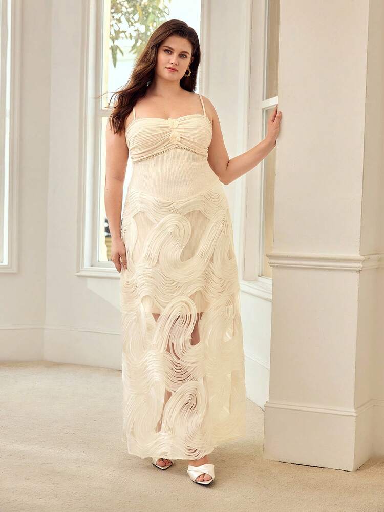 PLUS SIZE SUMMER FRENCH ROMANTIC WHITE TEXTURED PATCHWORK JACQUARD LONG CAMISOLE DRESS