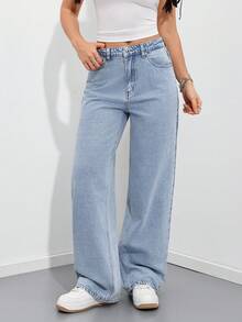SHEIN ICON Jeans de pierna ancha con bolsillos en ángulo lavados para uso casual diario de mujeres - Azul y blanco - Ver 4