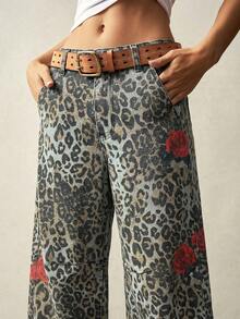 Bohemela Women's Leopard Floral Pattern Casual Versatile Daily Wear Pants - Iron Gray - View 3