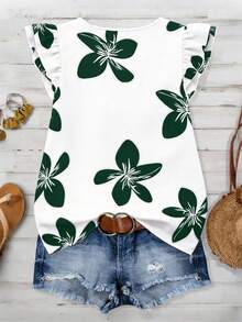 SHEIN LUNE Plus Size Women Floral Print Cap Sleeve Blouse - Dark Green - View 2