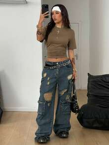 Coolane Women's All-Season Minimalist Y2K Basic Daily Wear Casual Back To School Streetwear Stretchy Loose Ruched Crop Tees,2pcs - Multicolor - View 5