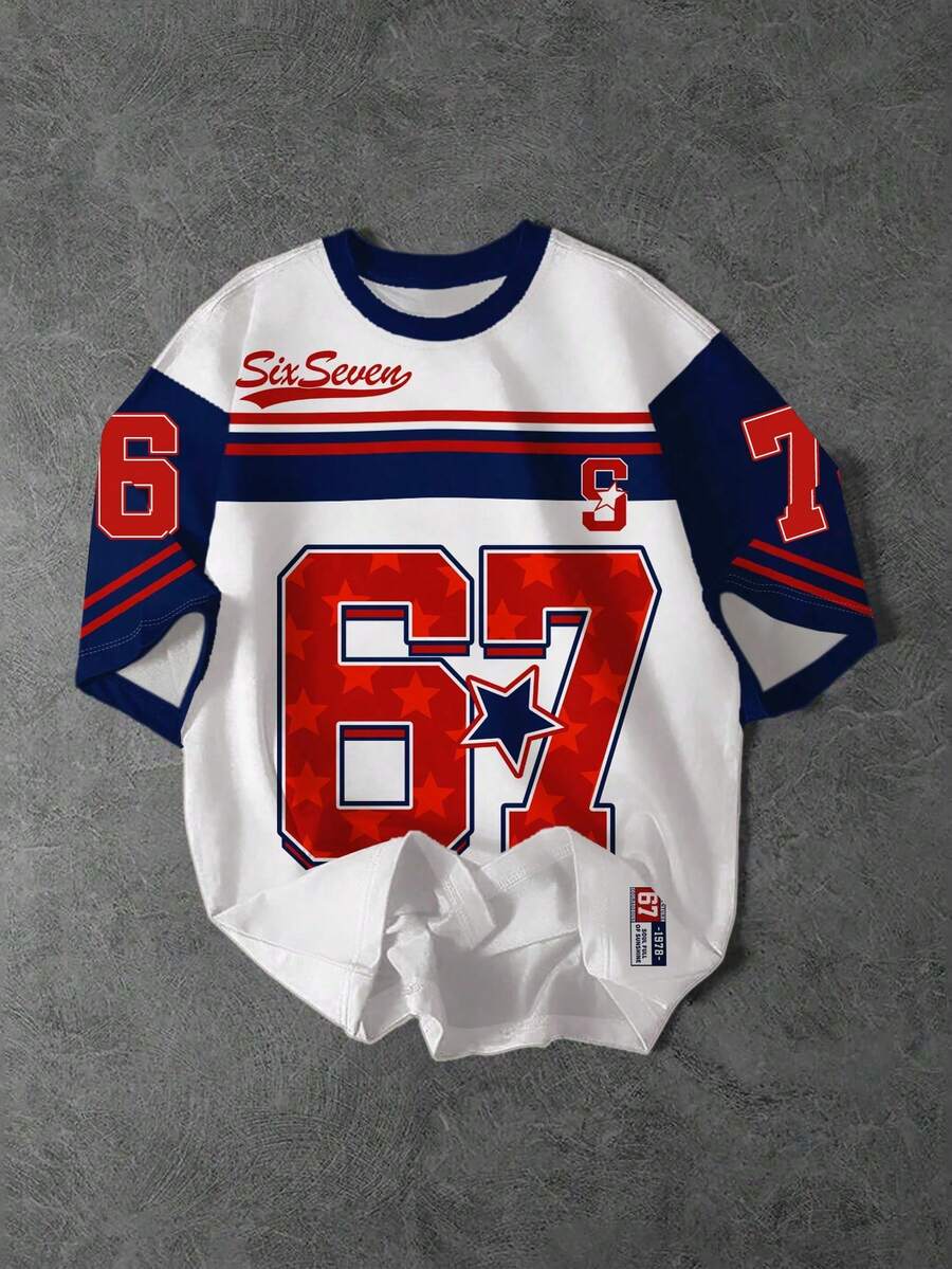 Áo thun ngắn tay cổ tròn tối giản, thoải mái, thời trang dành cho bé trai tuổi teen, in hình ngôi sao cổ điển, kiểu dáng thể thao cổ điển, in chữ "6", "7", "Six", "Seven" độc đáo, thích hợp cho thể thao, phù hợp cho mùa xuân và mùa hè. - Nhiều màu - Xem 1