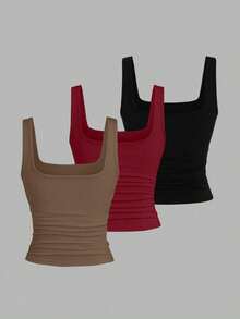 EMERY ROSE 3pcs Plus Size Women's Casual Solid Color & Full Printed Pattern Sleeveless Vest Set, Summer - Multicolor - View 2