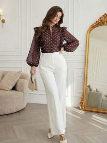 Modelyn 女士优雅浪漫复古波点多层荷叶边领宽松衬衫 - 棕色 - 查看 5