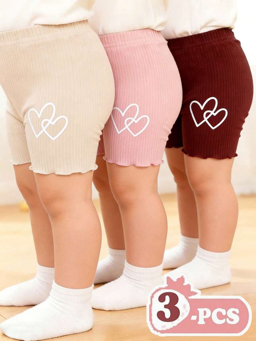 SHEIN Vintaside Kids 3件組女嬰0-3歲可愛夏季度假米色粉色棕色螺紋針織彈性柔軟短褲套裝休閒運動貼身膝上長度3件套 - 酒紅色 - 查看 1