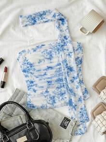 SHEIN 少女碎花褶皱抹胸上衣，适合海滩、夏季、复古风格 - 藍白色 - 查看 4