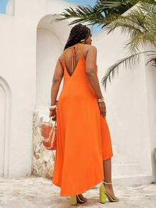 EMERY ROSE Brown Summer Boho Beach Gym Holiday Dress,Plus Size Women Solid Color Contrast Lace Halter Dress,Vacation Outfits,Zanzea Spring Country Clothing - Burnt Orange - View 3