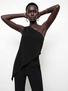 Maija Áo kiểu nữ không tay xếp ly màu đen trơn, thiết kế vai bất đối xứng, phong cách thành thị, thích hợp cho mùa Xuân/Hè & Đầu Thu 2026, Ngày Quốc khánh, Lễ tốt nghiệp tháng 7, mùa hè, ngày lễ Thánh Patrick, Lễ Phục sinh, mùa hè, dự tiệc, đi biển, kỳ nghỉ hè, đi chơi, tốt nghiệp. - màu đen - Xem 1