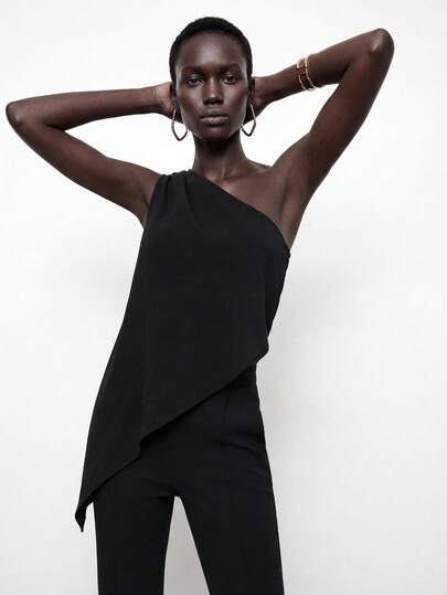 Maija 2026 Primavera/Verão e Início do Outono Dia da Independência Julho Temporada de Formatura Mulheres Design Assimétrico de Ombro Dama Urbana Verão Preto Cor Sólida Top Casual Plissada Sem Mangas, Dia de São Patrício Mulheres Páscoa Verão Páscoa Mulheres Top de Festa de Praia Férias de Verão Saída de Verão Formatura