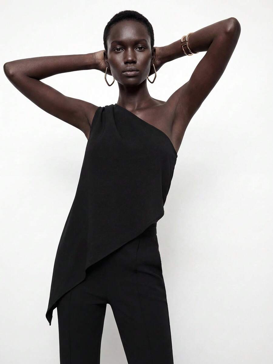 Maija Áo kiểu nữ không tay xếp ly màu đen trơn, thiết kế vai bất đối xứng, phong cách thành thị, thích hợp cho mùa Xuân/Hè & Đầu Thu 2026, Ngày Quốc khánh, Lễ tốt nghiệp tháng 7, mùa hè, ngày lễ Thánh Patrick, Lễ Phục sinh, mùa hè, dự tiệc, đi biển, kỳ nghỉ hè, đi chơi, tốt nghiệp. - màu đen - Xem 1