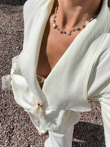 Livesso 女款純色長袖大領夾克與寬腿褲休閒兩件套 - 米色 - 查看 6