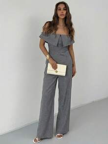 Aloruh New Summer Minimalist Commuter Outfit, Off Shoulder Crop Top With Side Slit And High-Waisted Wide-Leg Pants, Fashionable And Slimming - Dark Grey - View 8