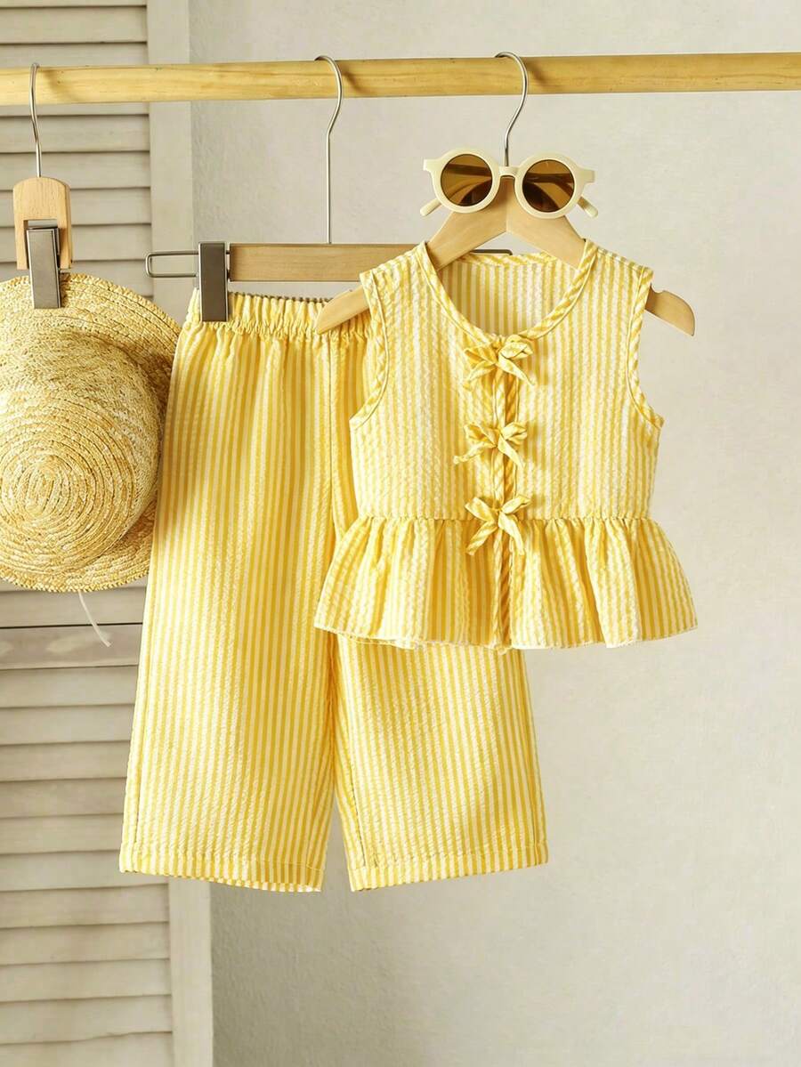 SHEIN Playful Pals 2件套女婴幼儿/新生儿0-3岁春夏休闲甜美日常度假条纹梭织无袖上衣和阔腿裤两件套 - 彩色 - 查看 1