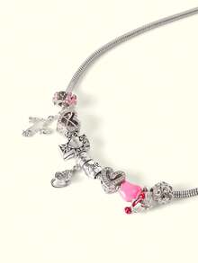 Popjeli 1pc Cherry Charm Necklace, Renaissance Teddy Bear Necklace, Cherry #8 Billiard Ball Necklace, Rhinestone Pentagram & Donut Ice Cream Pendant Necklace, Vintage Necklace - Pink - View 8