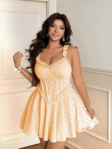 Vionelle Vestido de tirantes de línea A con volantes y calados en el bajo, de jacquard beige para mujer, talla grande, atuendo casual de vacaciones, atuendo para citas, atuendo dulce para el té de la tarde - Burdeos - Ver 4