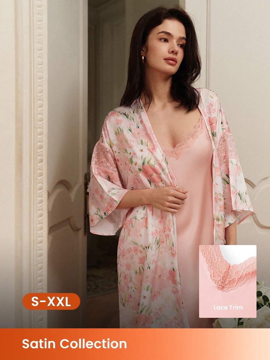 LUVLETTE 女士夏季轻盈花卉缎面睡袍 - 轻薄系腰睡裙 透气夏季睡衣 婚礼服 - 粉色 - 查看 1