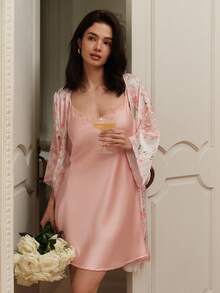 LUVLETTE Áo choàng ngủ satin hoa văn mùa hè thoáng mát dành cho nữ - Váy ngủ nhẹ thắt eo, đồ ngủ mùa hè thoáng mát, đồ mặc nhà, đồ cưới - Hồng - Xem 10