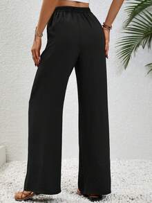 Elenzga Tall Pantalones rectos relajados con cintura elástica y cordón, estilo casual de vacaciones, color caqui para mujer - Negro - Ver 2