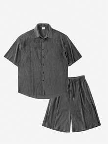 DAZY Grey Textured Fabric Short Sleeve Shirt And Shorts Set For Men Summer - Grey - View 3