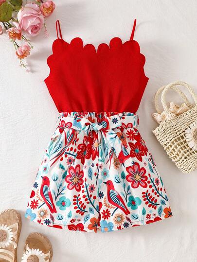 Sparklyn Tween Girl Floral Print Belted Romper With Shell Trim