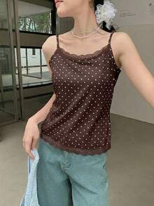 K-Vae 女款棕色與白色波點蕾絲飾邊細肩帶上衣，甜美可愛修身夏季襯衫，柔軟針織，復古，韓系休閒百搭日常單品 - 棕色 - 查看 3