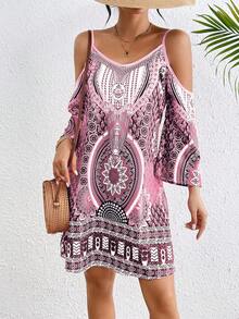 Breezaya 女士复古印花露肩连衣裙度假沙滩装 - 粉色 - 查看 5