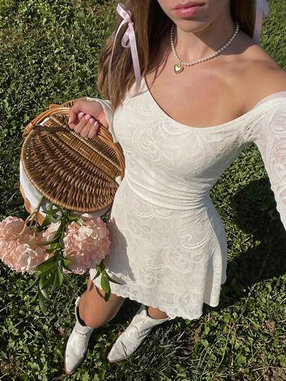 SHEIN MOD 女士提花不对称肩部喇叭袖连衣裙