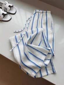 GlowEve Hàng mới về: Quần ống rộng dáng suông, nhẹ, kẻ sọc xanh trắng, thích hợp mặc mùa hè. - Màu xanh nhạt - Xem 5