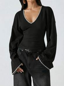 LYSMO Áo sơ mi nữ thuộc dòng sản phẩm dành cho kỳ nghỉ và các dịp đặc biệt, chất liệu 95% cotton, màu đen thêu họa tiết, viền trắng, cổ chữ V, tay loe tương phản - Kiểu dáng thoải mái, tối giản, thanh lịch, phù hợp cho mùa xuân, đi làm, lễ hội, lễ tốt nghiệp, hẹn hò, tiệc tùng và dự đám cưới. - màu đen - Xem 5