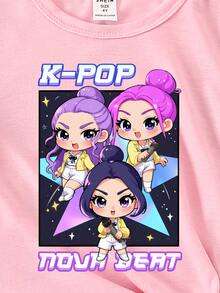 6件套少女休闲时尚创意个性清新可爱简约虚拟少女组合彩色星星图案字母印花短袖T恤和短裤套装，适合春、夏、秋季穿着，紫色、粉色、黑色，舒适日常穿着，温暖夏日风格 - 彩色 - 查看 5