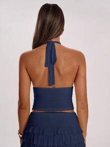 SHEIN BAE Atasan Wanita Polos Berwarna dengan Leher V Dalam, Berlipit, Model Halter Pendek - Navy Blue - View 2
